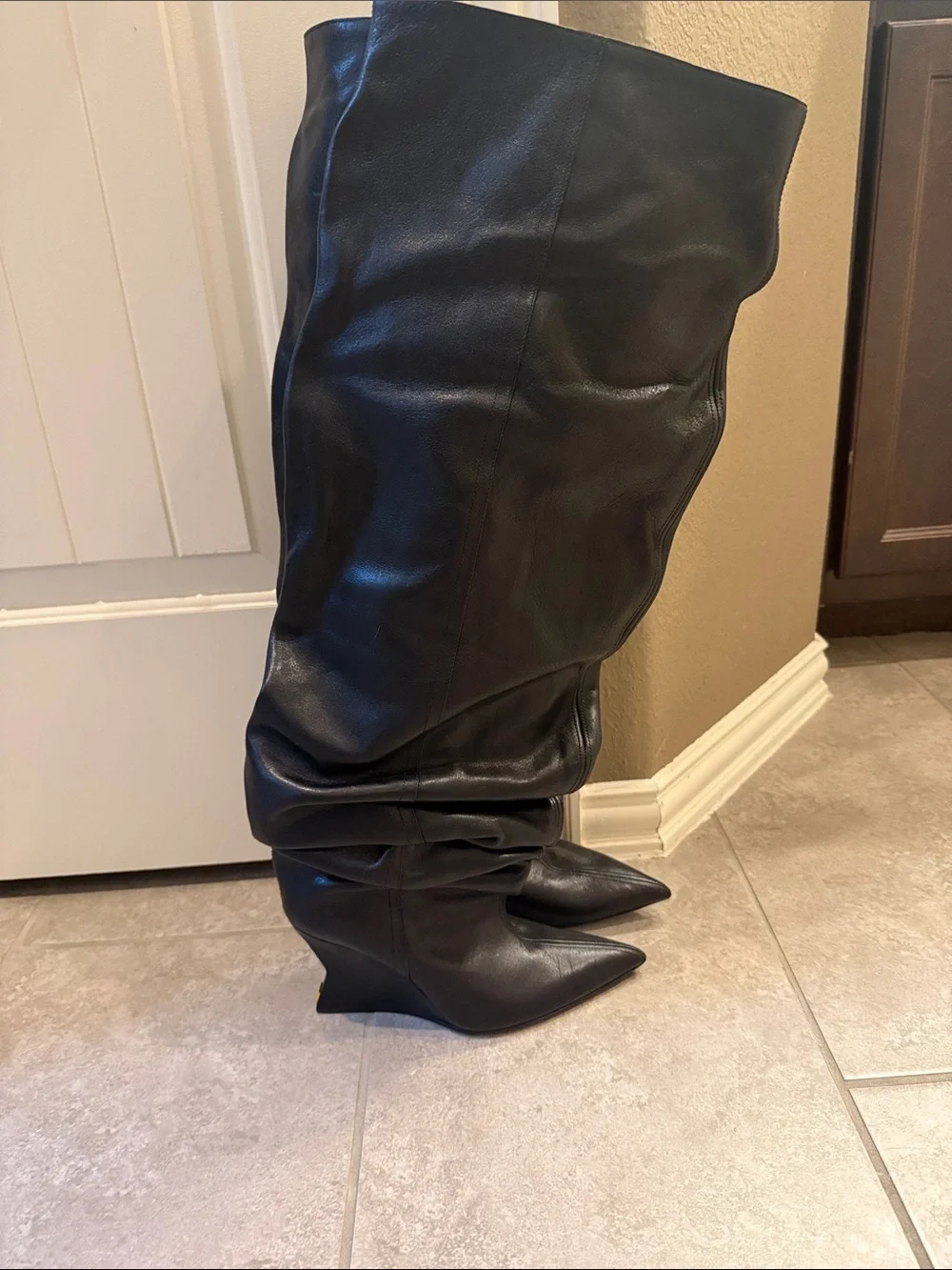 Balmain Black Slouchy Pointed-Toe Over-the-Knee Boots